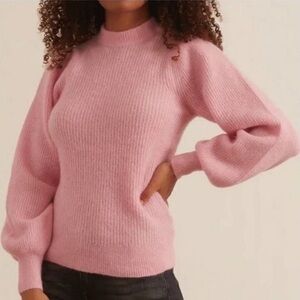 Ganni Wool and Alpaca Blend Balloon Sleeve Mock Neck Ribbed Sweater Pink Small